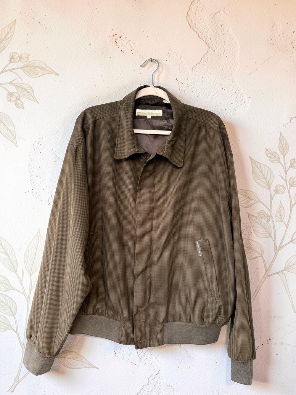 Vintage Perry Ellis Mens XL Brown Houndstooth Bomber Harrington Jacket Korea
